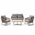 Outdoor wicker sofa set with grey cushions and wooden coffee table 180 x 80 x 75cm