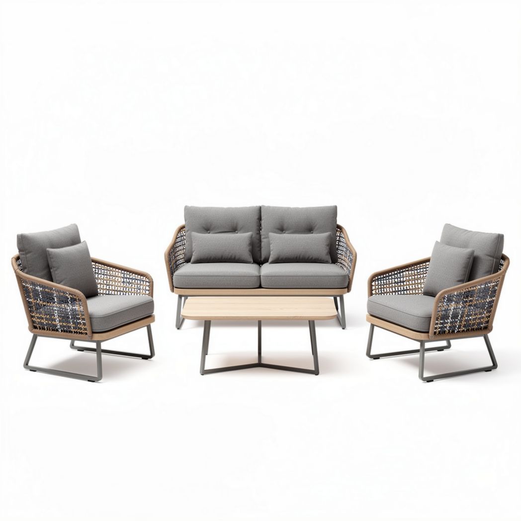 Outdoor wicker sofa set with grey cushions and wooden coffee table 180 x 80 x 75cm