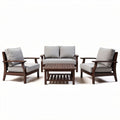 Outdoor wooden patio furniture set with gray cushions and slatted table