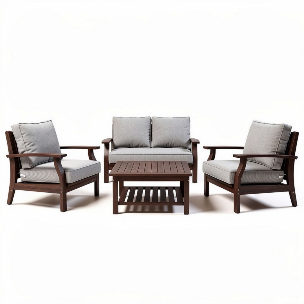 Outdoor wooden patio furniture set with gray cushions and slatted table