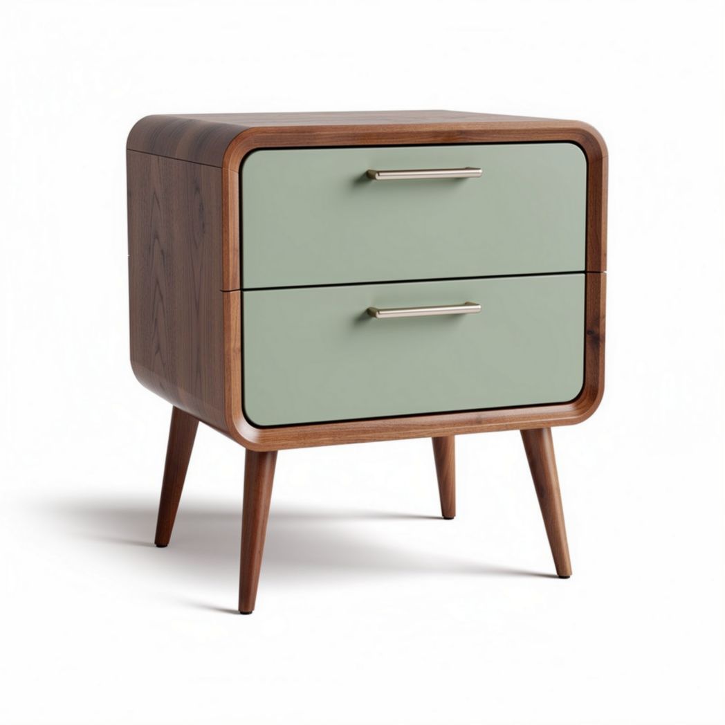 Mid-century modern nightstand with two drawers in green and walnut wood 45 x 40 x 55cm