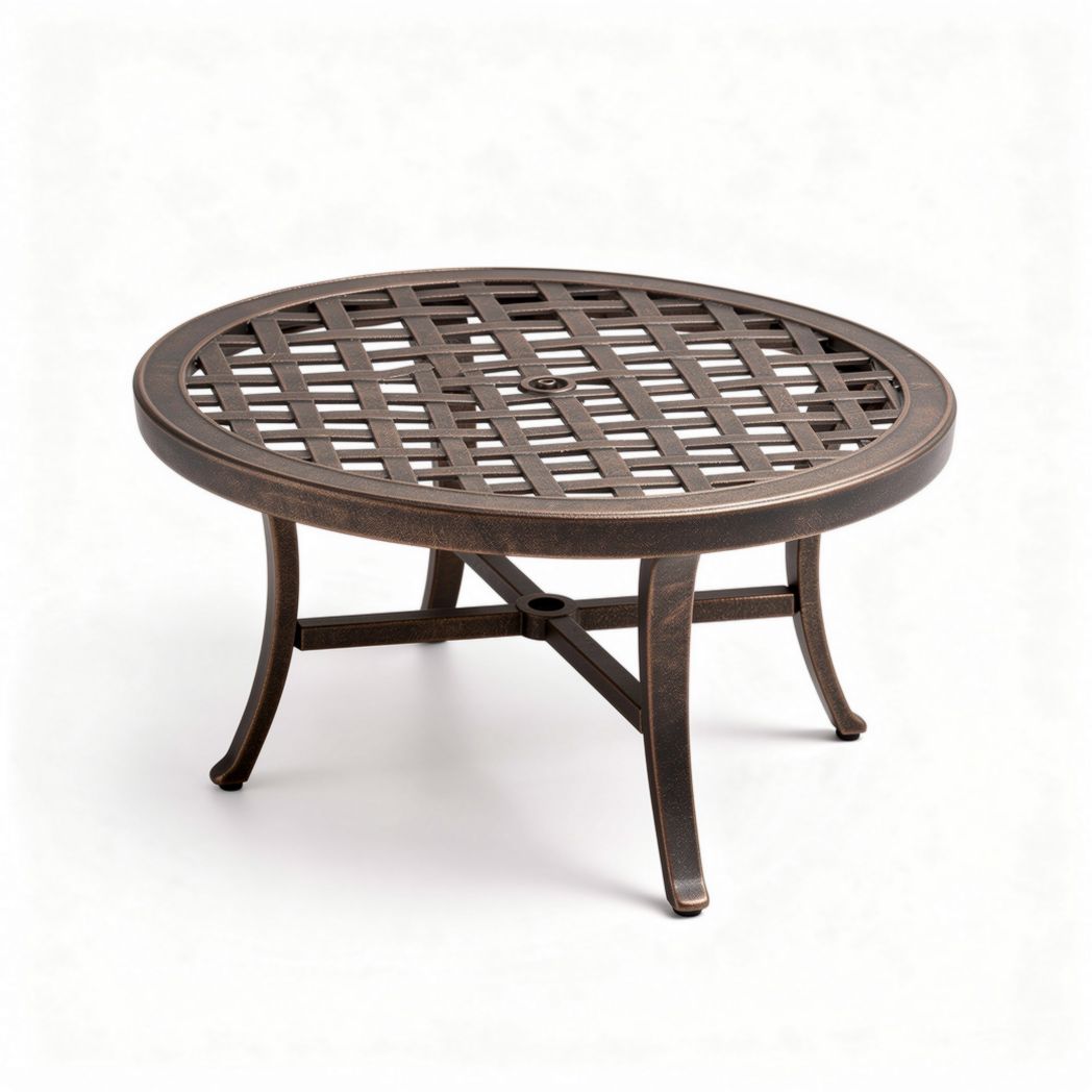 Round metal coffee table with lattice design for outdoor use 80 x 80 x 45cm