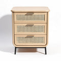 Natural wood nightstand with three rattan drawers in light finish