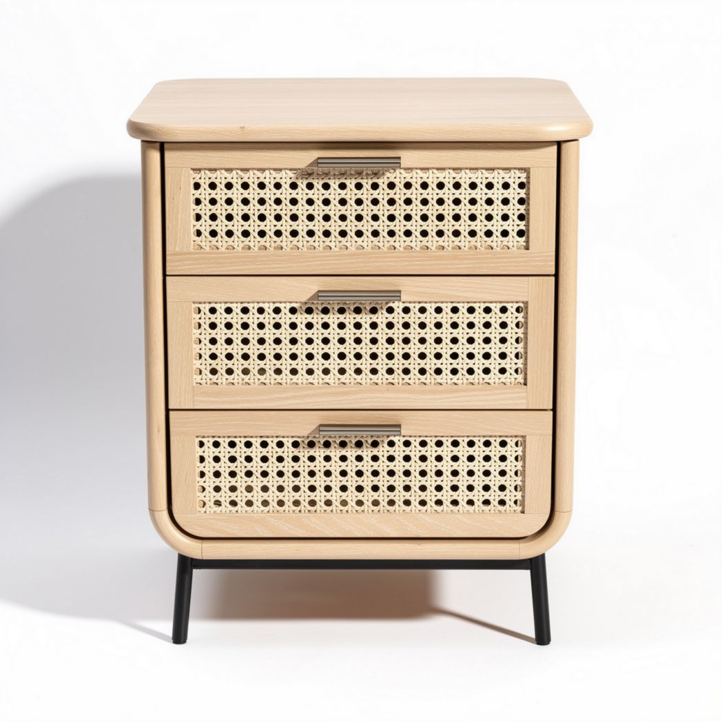 Natural wood nightstand with three rattan drawers in light finish