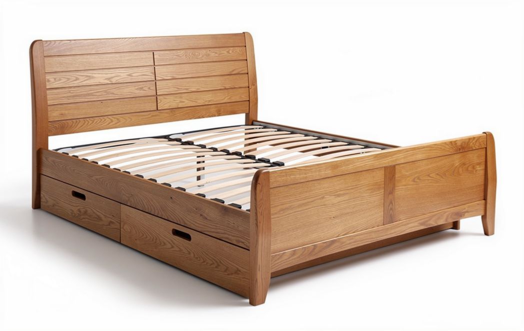Solid wood queen bed frame with storage drawers and slatted base design