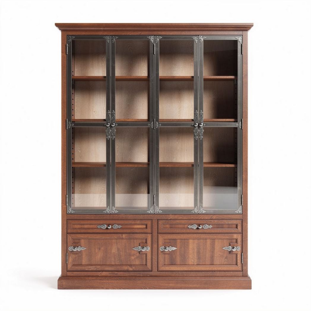 Wooden display cabinet with glass doors and metal accents 160 x 40 x 200cm