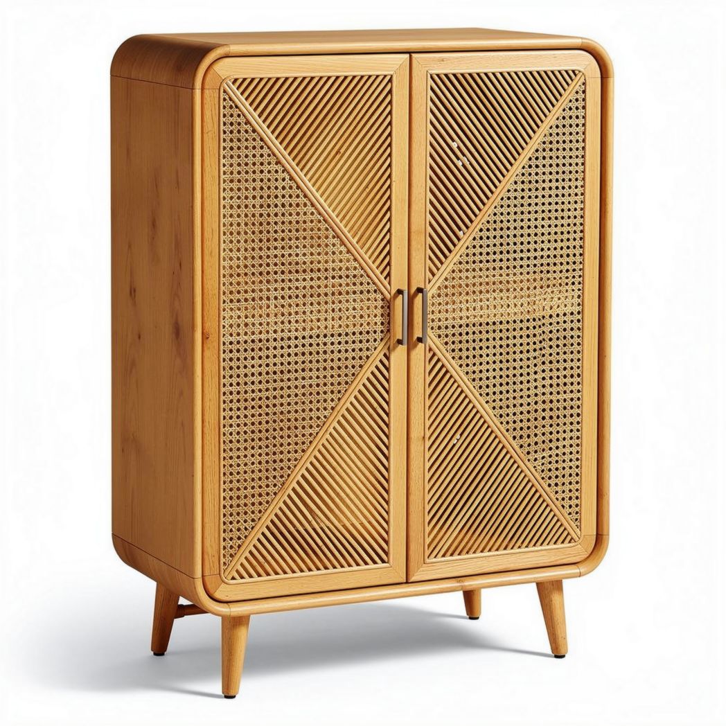 Natural rattan storage cabinet with dual doors and wooden frame 80 x 40 x 120cm