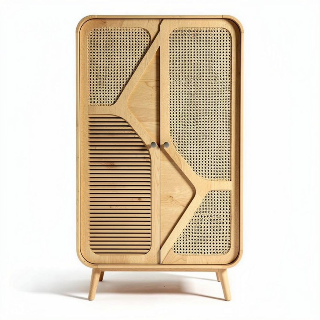 Natural wood storage cabinet with rattan accents and modern design 80 x 40 x 120cm
