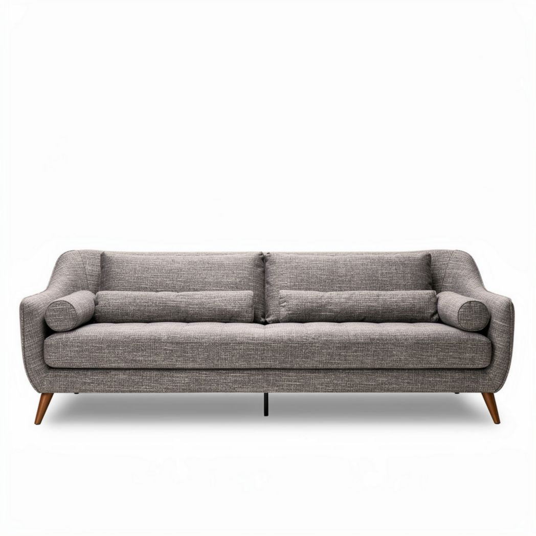 Modern gray fabric sofa with wooden legs and two side cushions 220 x 90 x 85cm