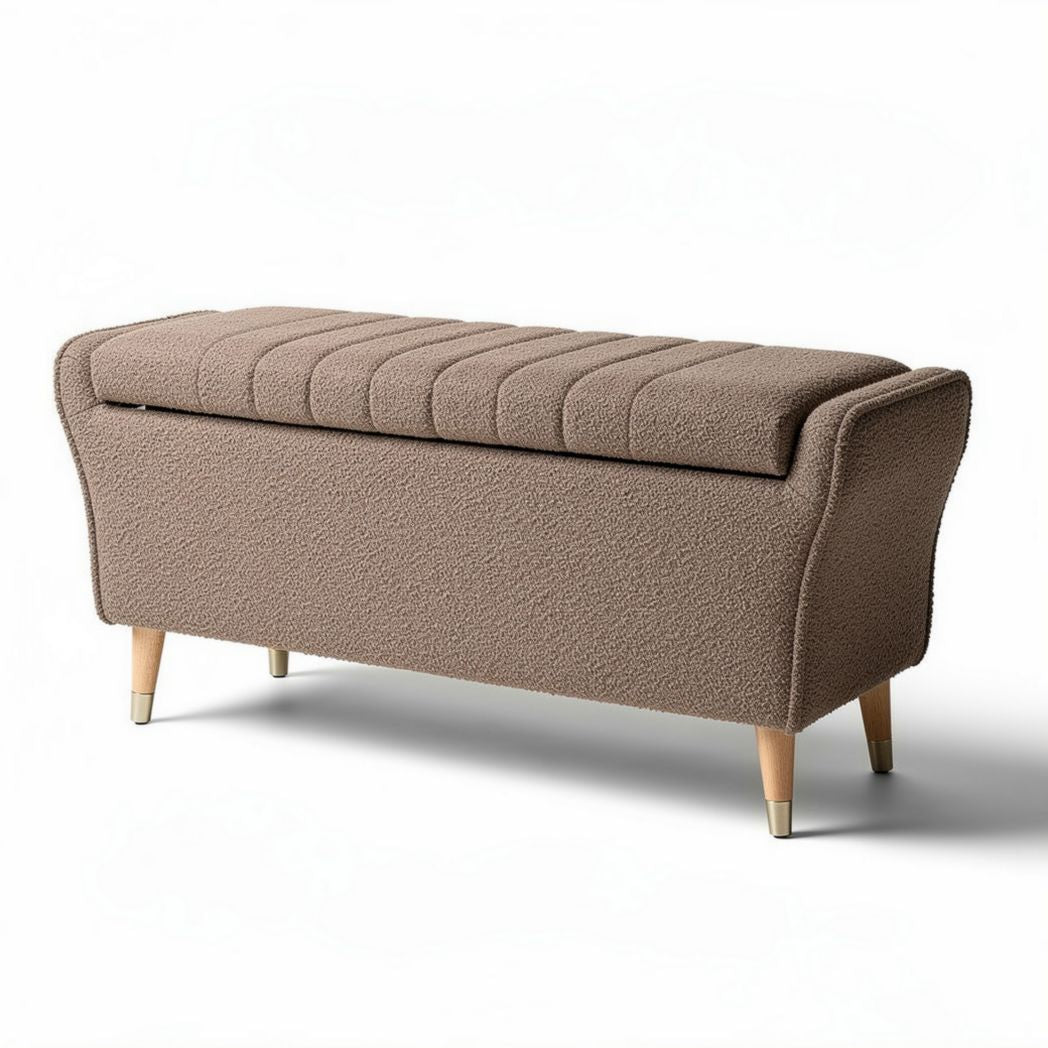 Upholstered storage bench in brown fabric with wooden legs 90 x 40 x 45cm
